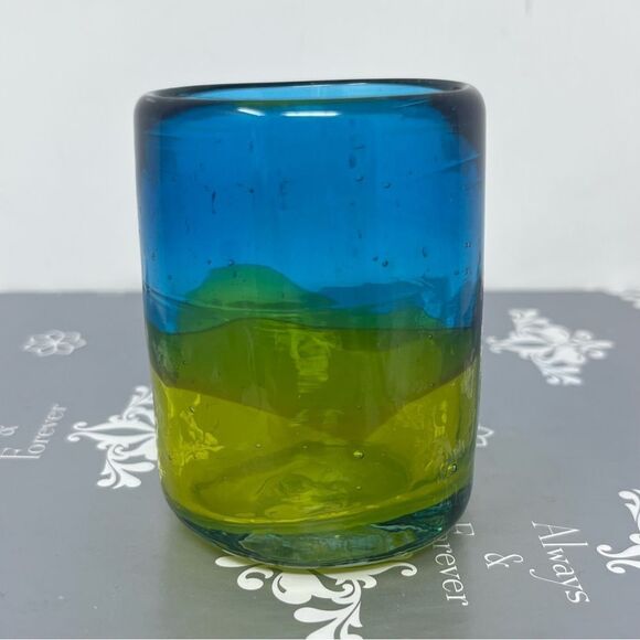 Handblown Blue and Green Glass Shot Glass or Tea Light Candle Holder - Picture 4 of 6